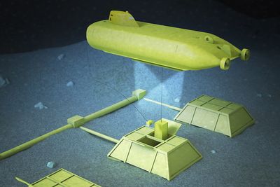 Tegning som viser en Masu-ubåt under arbeid ved et undersjøisk havbunnfabrikk for olje- og gassindustri. Illustrasjon: Kockums.  