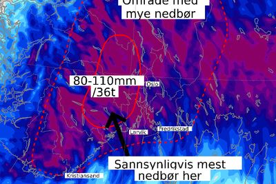 Store nedbørsmengder er ventet i løpet av tirsdag. 