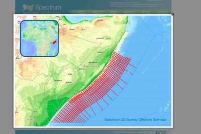  Norskbaserte Spectrum skal samle inn 2D-seismikk over et område på 28.000 kilometer offshøre sør i Somalia. Faksimile.