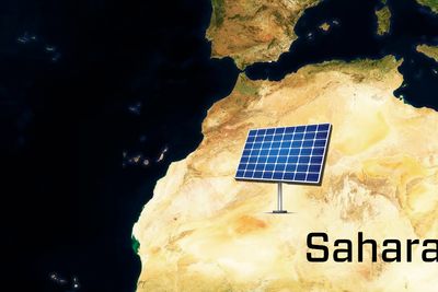 Så stort måtte et solcellepanel i Nord-Afrika vært for å dekke verdens energibehov i 2012. Størrelsen tilsvarer nesten én ganger landarealet til Norge, eller 3,5 prosent av Sahara.