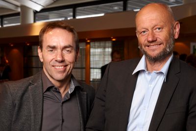 Fra venstre, Svein Hjelmås, prosjektdirektør for Eliaden 2016 og Stein Lier Hansen i Norsk Industri. Hjelmås venter økt antall besøkende som resultat av Norsk Industris engasjement.