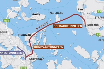 Solbakktunnelen har skiftet navn til Ryfylketunnelen siden denne illustrajsonen ble lagd. Den blir verdens lengste undersjøiske vegtunnel når den åpnes i 2019. (Ill.: Statens vegvesen).