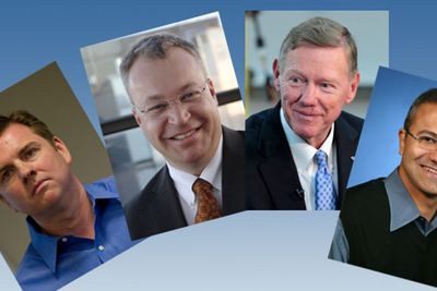 Lederkabal i Microsoft. Fra venstre: Tony Bates, Stephen Elop, Alan Mulally, Satya Nadella.