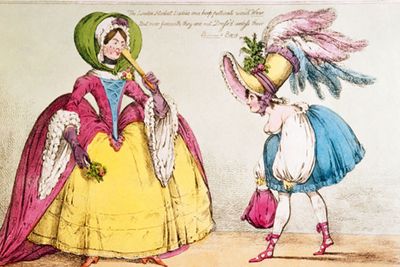 Ekstreme moter ble ofte hengt ut i T. Teggs magasin som ble publisert mellom 1780 og 1817. Teksten lyder: The London Modest Ladies once hoop petticoats wou&#8217;d Wear. But now forsooth they are not dress&#8217;d unless their B____ s Bare