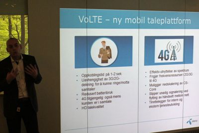 Bjørn Ivar Moen, leder for mobildivisjonen i Telenor Norge, mener at 4G Tale/VoLTE vil bli et stort løft for det totale mobiltilbudet. Her fra en tidligere presentasjon av teknologien.