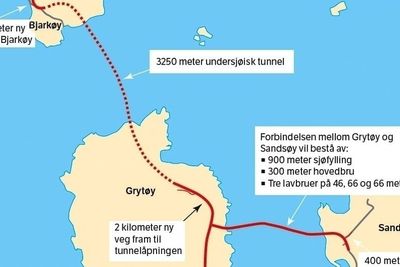 Tunnelen og bruene mellom Bjarkøya, Grytøya og Sandsøya skal åpnes for trafikk i fjerde kvartal 2017, i følge framdriftsplanen. Vanskelig fjell i tunneltraséen gjør det usikkert om planen holder.