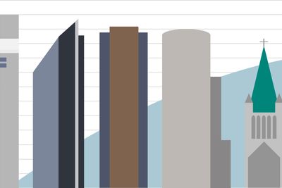 Norges fem høyeste bygg illustrert i faktiske størrelsesforhold. Hver linje i oversikten representerer 10 meter i virkeligheten. Illustrasjon: Erlend Tangeraas Lygre.
