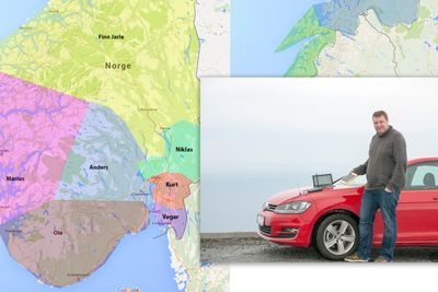 Finn Jarle Kvalheim er en av ni personer som skal kjøre Norge på kryss og tvers. Bildet er fra testen i 2014. Kartet viser en omtrentlig oversikt av områdene de ulike Tek-medarbeiderne skal dekke i år. .