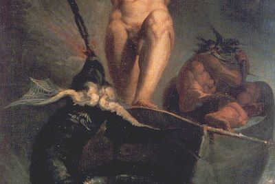 Tor i jotnen Hymes båt slåss med Midgardsormen. Maleri av Johann Heinrich Füssli fra 1788.