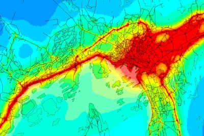 Kartet viser årsmiddelverdien for nitrogendioksid (NO2) i dag. Områder i rødt ligger over både dagens grenseverdi og forslag til nye helsebaserte nasjonale mål.