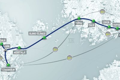 Slik er den foreslåtte Hyperloop-traséen fra Stockholm til Helsinki. Reisetiden mellom de to hovedstedene vil kunne bli 28 minutter.