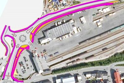 Arealet til den nye kaia er markert til venstre for rundkjøringen. Det blir Bodøs nye hurtigrutekai.