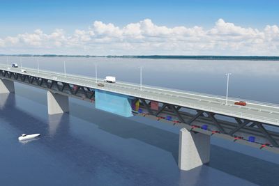 Øresundsbroen skal males over en 13-årsperiode, trolig ved hjelp av et plattformsystem med maleroboter som maler 20 meter brokonstruksjon av gangen. Maleplattformen ses i blått på illustrasjonen.