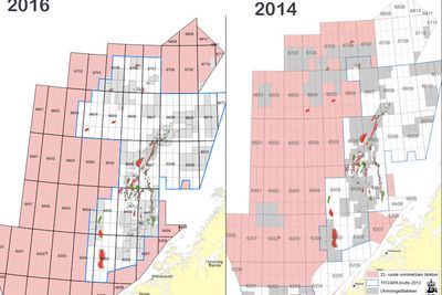 Dette er forskjellen på nominasjonskartene fra 2014 og 2016. De rosa områdene er blokkene som oljeselskapene kan nominere. Et titalls blokker er nå åpnet for nominasjon i de forbudte Nordland 6-områdene, samt Møre-blokkene.