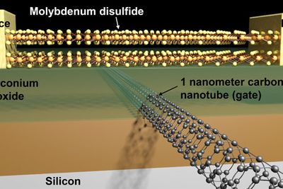 En skjematisk fremstilling av en transistor basert på molybdendisulfid, med en 1 nanometer port laget av nanorør i karbon.