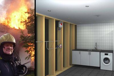 Systemet til brannmann Trond Fiskaa fungerer ved at utsugingsdysen øverst på veggen trekker røyken ut av rommet. Den nederste dysen blåser ut tåke, altså luft med høy fuktighet. Slik hindrer det brannen i å spres.
