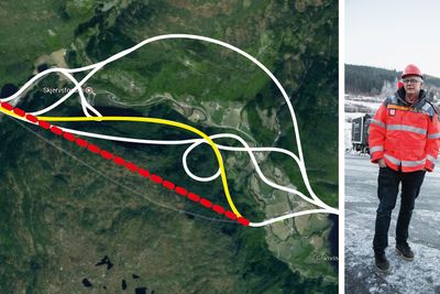 Prosjektleder Lars Magnar Røneid (til høyre) erstattet kommunens regulerte tunnelforslag (gul linje) ved å tegne en rett strek på kommunekartet (rød, stiplet linje). Røneid løsning løste ikke bare sikkerhetsproblemene, prosjektet endte også opp med å bli 125 millioner billigere enn opprinnelig anslått. De hvite linjene viser flere av de andre forslagene kommunen vurderte.