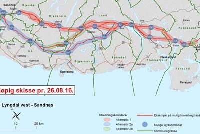 Statens vegvesen har lagt frem flere forslag til trasé for E39 mellom Lyngdal og Sandnes. Kommunene venter enda på at en planprogram skal legges ut på høring.