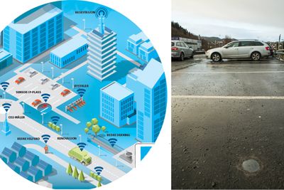 Til venstre ser du hvordan Telenor forestiller seg et samfunn med tingenes internett. Til høyre ser du sensoren installert i bakken i Trondheim.