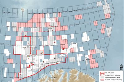 Her er blokkene (rosa) som myndighetene foreslår å åpne for leting i 24. konsesjonsrunde. De grå feltene er allerede åpnet. Bjørnøya ligger øverst mot venstre.