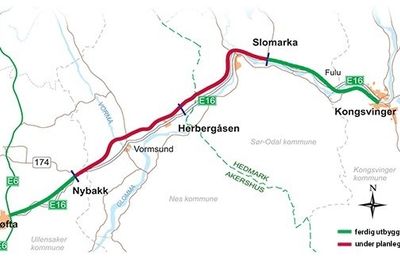 Ifølge samferdselsministeren vil det ta mange år før E16 mellom Kløfta og Konsvinger vil står ferdig utbygget.