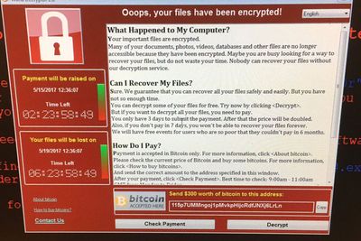 Skjermbildet som varslet om at systemet var blitt infisert av WannaCry-ormen.