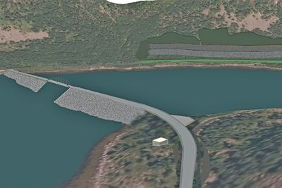 Slik vil Sifjorden se ut i 2020. Den lysegrønne linjen langs vegen til høyre er en voll som skal skjerme mot innsyn fra vegen mot de store skjæringene etter uttaket av stein.