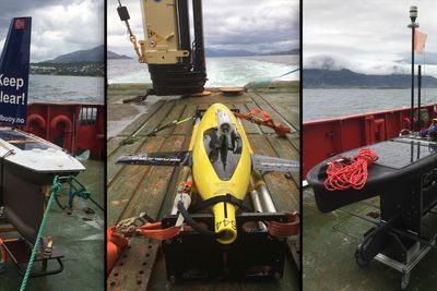 De tre undervannsdronene er fra forskjellige leverandører. En dykkende Seaglider, produsert av Kongsberg Maritime (i midten), en Sailbuoy, produsert av Offshore Sensing (til venstre) og en Wave Glider operert av Maritime Robotics.