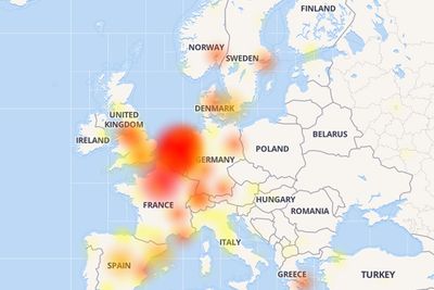 Dette kartet viser områder som ble berørt av nedetiden til Outlook.com.