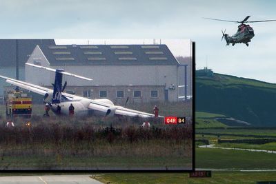 Et AS332L2 går inn for landing på Sumburg lufthavn på Shetland. Innfelt er et Q400 fra SAS på Kastrup med ødelagt landingsstell.