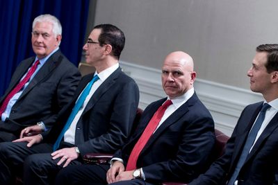 US Secretary of State Rex Tillerson (L), US Secretary of the Treasury Steven Mnuchin (2L), National Security Advisor H. R. McMaster (2R) and Senior Advisor Jared Kushner wait for a meeting with Qatar's Emir Tamim bin Hamad al-Thani, US President Donald Trump and others at the Palace Hotel on September 19, 2017 in New York City, on the sidelines of the United Nations General Assembly. / AFP PHOTO / Brendan Smialowski