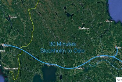 Mårten Fröjdö i FS Link viste frem dette bilde over en mulig hyperloop-trasé mellom Oslo og Stockholm.