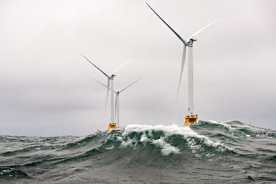 October 1, 2016- Heavy seas engulf the Block Island Wind Farm- the first US offshore wind farm. The five Halide 6MW turbines were recently installed by Deepwater Wind, and are currently under commissioning.    (Photo by Dennis Schroeder / NREL)