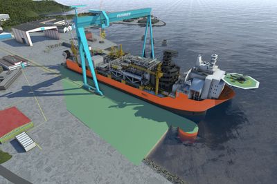 Slik vil den nye dypvannskaien på Kværner Stord se ut. Den vil gjøre at de kan ta imot større prosjekter, i tillegg til flere prosjekter samtidig - på en mer kostnadseffektiv måte.  Johan Sverdrup-skipet vil være det første prosjektet på den nye kaien.