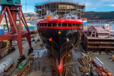 MS Roald Amundsen fotografert like før sjøsetting tidligere i måneden.