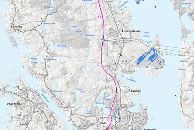 Kartet viser den ni kilometer lange strekningen slik traseen er foreslått i kommunedelplanen for Karmøy.