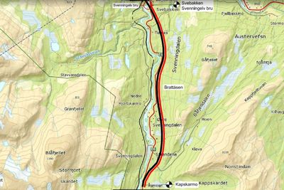 Ny E6 mellom Kappskarmo og Svenningelv bru er markert med bred svart og rød linje. 