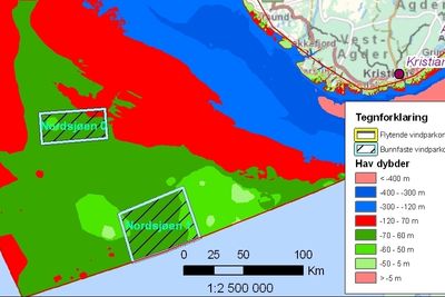 Bildet viser dybdeprofilen for feltene Sørlige Nordsjø I og II. Selv om områdene her er markert som områder for bunnfaste vindparker, så mener NVE at områdene er aktuelle for både flytende og bunnfaste konsepter, bortsett fra Hywind.