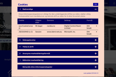Nordea er blant dem som har gjennomført endringer i tråd med det nye lovverket: Her en oversikt over ulike cookies, hva de brukes til, og hvor lenge de lagres.