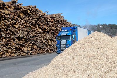 Tømmer som kommer til Norske Skog Saugbrugs i Halden. Flis t.h.  Bildet er tatt  i forbindelse med offisiell åpning av biogassanlegg våren 2017.