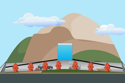 Slik fungerer det unike systemet: Høydebassenget er i midten av tunnelen. Vannet føres ut via vannledninger med en helning på 1,2 prosent, og forsyner tunnelens brannhydranter.