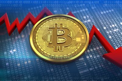 3d illustration of bitcoin over hexadecimal background with failure diagram