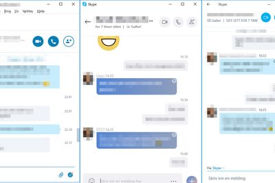 Samtalevinduene i (f.v) Skype 7, Skype 8 og Skype 12.