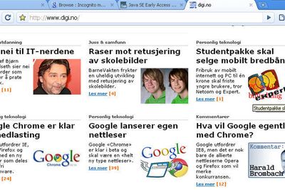 Google Chrome kom i en første betaversjon den 2. september 2008. Her vises datidens digi.no i nettopp betaversjonen av Chrome.