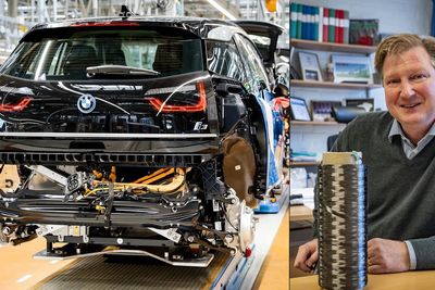 Tenker helt nytt: Professor ved avdeling for material- og beregningsmekanikk ved Chalmers i Göteborg, Leif Asp har tenkt helt nytt rundt måten vi bygger kjøretøyer. Til venstre henger en BMW i3 under produksjon.