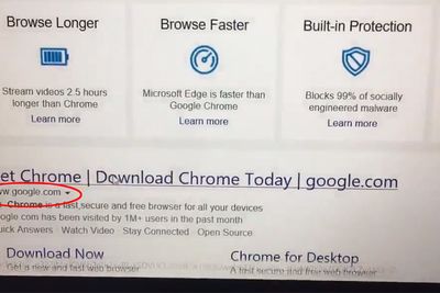 Bildet vises svindelannonsen som har blitt vist i Microsofts søketjeneste til blant annet Windows-brukere som ønsker å installere Google Chrome. Selv om det står www.google.com, er den ikke fra Google.