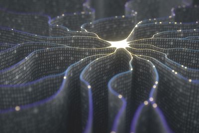 Artificial neuron in concept of artificial intelligence. Wall-shaped binary codes make transmission lines of pulses and/or information in an analogy to a microchip. Neural network and data transmission.