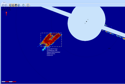 Slik så det første utslippet ut på radaren. Her kan du se størrelse, hastighet og retning. 