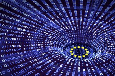 EU GDPR data bytes falling into a wormhole with EU stars
