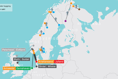 Norges overføringslinjer og mellomlandskabler. Foreløpig har Norge fire sjøkabler til Danmark og én til Nederland. I tillegg er en sjøkabel til Tyskland og en til Storbritannia under bygging. Det er også søkt om en ny kabel mellom Norge og Skottland, men dette er ikke avgjort. 